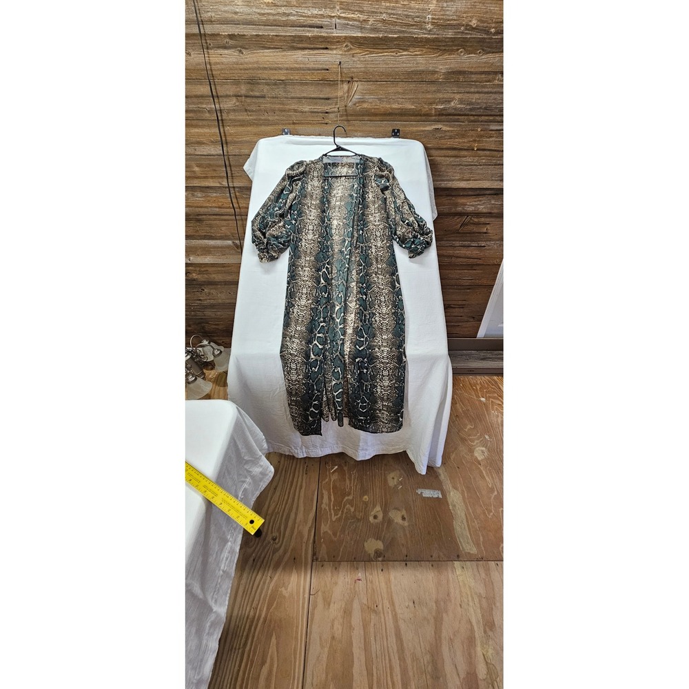 Adrienne Snakeskin Print Duster Cardigan Green Tan Puff Sleeve Open Front Small